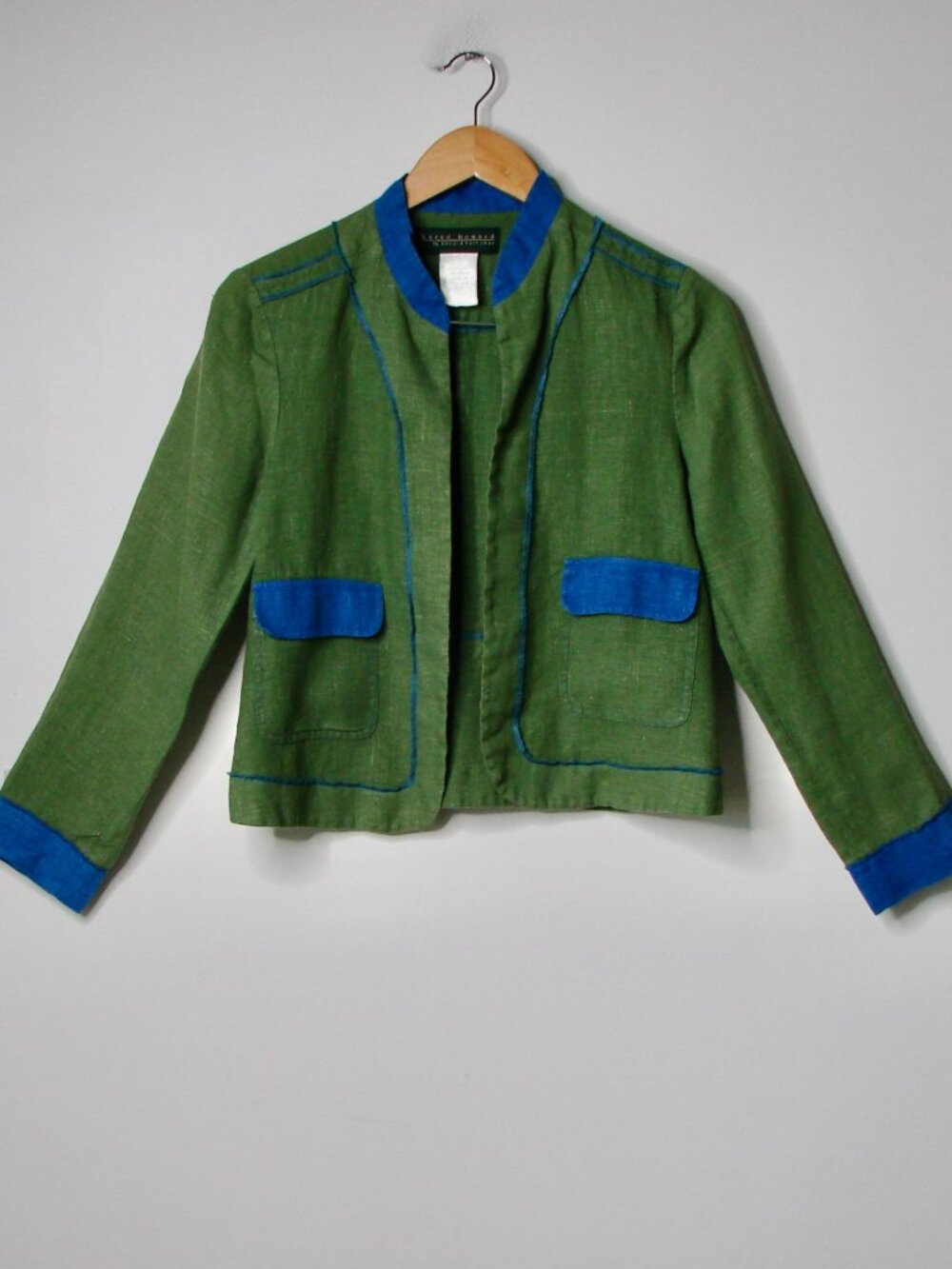 Harve Benard Linen Green Blue Linen Jacket Blazer Open Front Unique Office Small